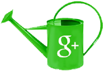 Grüne Gartengiesskanne mit "g+" - Verbindung zur Gartenkönigin - Manuela Husmann bei Google Plus